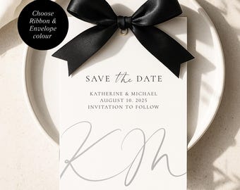 Tarjeta de invitación con lazo para boda de etiqueta, moderna tarjeta de invitación con sobre en blanco y negro, elegante y monocromática, AA5