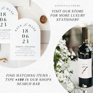 Puede incluir: Elegante papeler&iacute;a de boda con una tarjeta 'Save the Date' con la fecha '18 06 23'. Tambi&eacute;n se ve una botella de vino con una etiqueta 'Mesa No. 7'. La imagen incluye el texto: 'Visite nuestra tienda para obtener m&aacute;s papeler&iacute;a de lujo'.