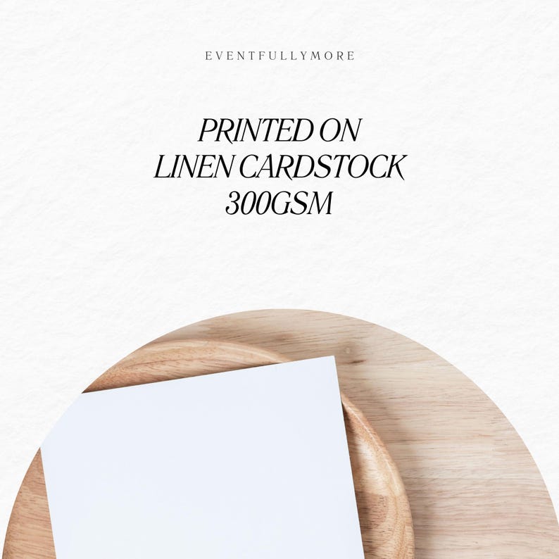 May include: A white card on a wooden surface. The card is blank and has a subtle texture. The text "PRINTED ON LINEN CARDSTOCK 300GSM" is printed above the card.