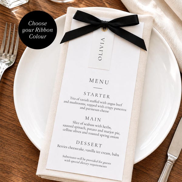 Bow Wedding Menu and Place Card, Let's Eat, Ribbon, Place Card, Professionally Printed, Wedding Dinner Menu, 300gsm Matte Card, #AA5