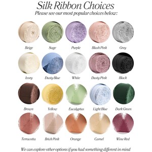 May include: An image showcasing a variety of silk ribbon colors, including beige, sage, purple, blush pink, and grey. Additional colors are ivory, dusty blue, white, dusty pink, and black. The image also displays brown, yellow, eucalyptus, light blue, and dark green ribbons. The bottom row features terracotta, brick pink, orange, camel, and wine red.