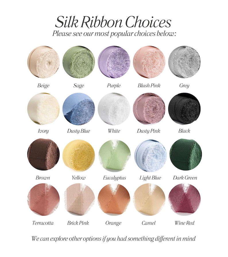 May include: An image showcasing a variety of silk ribbon colors, including beige, sage, purple, blush pink, and grey. Additional colors are ivory, dusty blue, white, dusty pink, and black. The image also displays brown, yellow, eucalyptus, light blue, and dark green ribbons. The bottom row features terracotta, brick pink, orange, camel, and wine red.