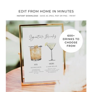 Znak Signature Drinks, Szablon menu baru, Napoje dla niego i dla niej, Znak Signature Cocktail, Minimalistyczny znak Drinks, Znak baru weselnego, #200