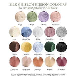 Op de afbeelding: Een kleurenkaart met de titel SILK CHIFFON RIBBON COLOURS met twintig ronde lintspoelen in verschillende tinten, waaronder beige, salie, paars, blush roze, ivoor, stoffig blauw, wit, stoffig roze, grijs, bruin, geel, lichtblauw, donkergroen, zwart, terracotta, baksteenroze, oranje, camel en wijnrood.