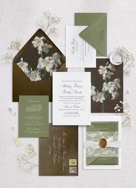 Timeless Wedding Invitation Set, Elegant, Luxury Invite, Vellum Jacket, Classic, Envelope Liner, Rsvp, Details, Green, Brown, #Fernwood