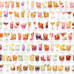 May include: A colorful chart of 100 different cocktail drinks, each illustrated with a watercolor painting of a glass filled with a different cocktail. The names of each cocktail are listed below each image.