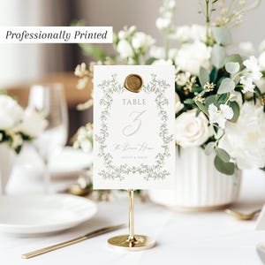 Números de mesa de casamento Sage IMPRESSOS, moldura ornamentada, folha delicada, números de mesa com selo de cera, placas de casamento, cartão de linho de 300 g/m², Verdelle