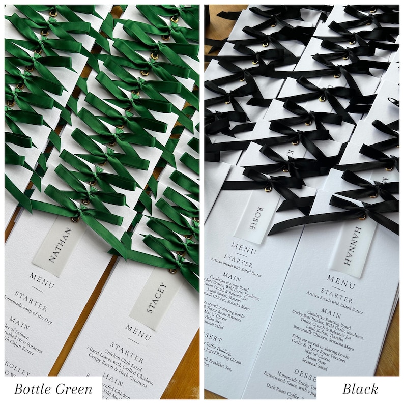 May include: Two sets of wedding menu cards, one with bottle green ribbons and the other with black ribbons. Each card has a menu with starter and main course options. The names Nathan, Stacey, Rosie, and Hannah are printed on the cards.
