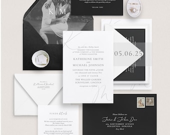 Convite de casamento Black Tie, convite de luxo monocromático, faixa em papel vegetal, forro de envelope para fotografia, RSVP, detalhes, AA5, #Chique