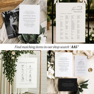 May include: A collection of wedding stationery including a black and white photo card, a white invitation, a seating chart titled Our Favourite People, an Order of Events sign with icons, an accommodation card, and a black thank you note card.