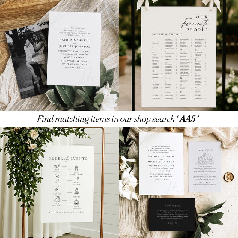 May include: A collection of wedding stationery including a black and white photo card, a white invitation, a seating chart titled Our Favourite People, an Order of Events sign with icons, an accommodation card, and a black thank you note card.