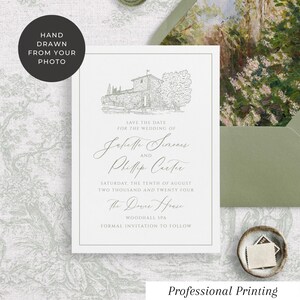 Tarjeta de invitación para boda impresa, boceto del lugar, ilustración, impresión profesional, ilustración del lugar, tarjeta de lino de 300 g/m², Verdelle