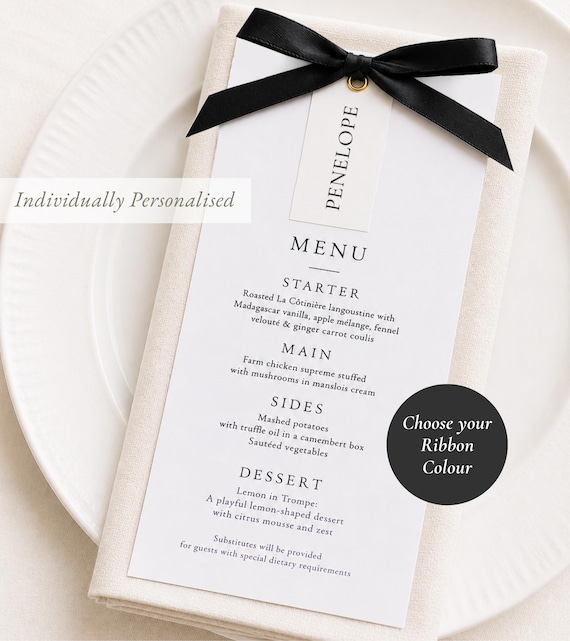 Bow Wedding Menu and Place Card, Let's Eat, Ribbon, Place Card, Professionally Printed, Wedding Dinner Menu, 300gsm Matte Card, #AA5