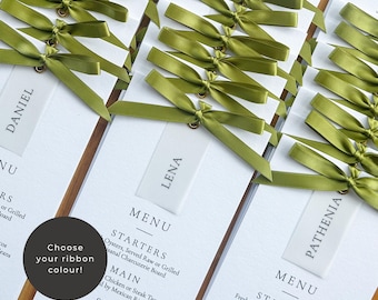 Menú de boda con lazo y tarjeta de lugar: Menú de cena personalizado, cinta de raso, cartulina mate de 300 g/m², etiquetas de nombre de vitela