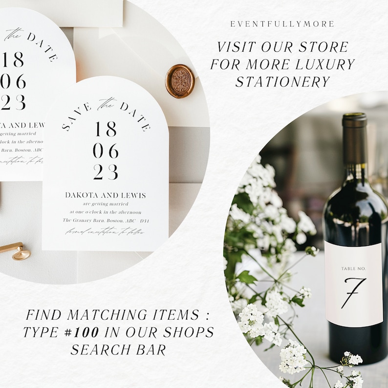 Peut inclure: Deux cartes blanches "Save the Date" avec du texte noir et un sceau de cire dor&eacute;. Les cartes indiquent la date 18.06.23 et les noms Dakota et Lewis. Le texte indique "Save the Date" et "Dakota et Lewis se marient &agrave; 13h00. The Granary Barn, Boston, ABC D11". Les cartes sont sur un fond blanc avec des fleurs blanches et une bouteille de vin avec un num&eacute;ro de table 7.