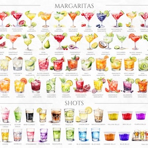 May include: A watercolor illustration of various margarita and shot recipes. The image features a grid of colorful cocktails with names like "Strawberry Margarita", "Cranberry Margarita", "Tequila Shot", and "Lemon Drop".