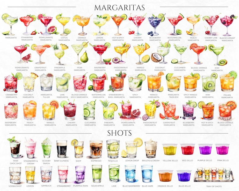 May include: A watercolor illustration of various margarita and shot recipes. The image features a grid of colorful cocktails with names like "Strawberry Margarita", "Cranberry Margarita", "Tequila Shot", and "Lemon Drop".