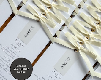 Menú de boda personalizado y tarjeta de lugar: cinta de satén, cartulina mate de 300 g/m²