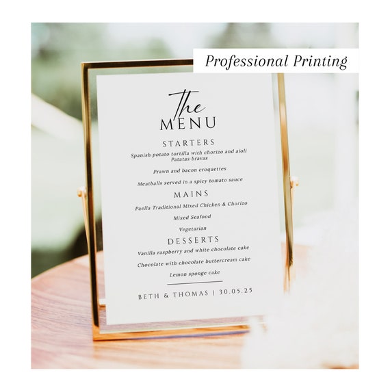 PRINTED Wedding Menu Sign, Evening Menu, Wedding Food Sign, Let's Eat Menu, Personalised Wedding Menu, 300gsm Linen Card, #100