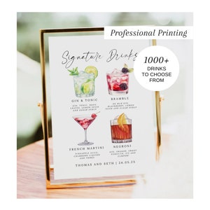 Gedrucktes Cocktail-Getränke-Schild, Bar-Menü-Vorlage, Cocktail-Schild, 4 charakteristisches Getränke-Schild, Minimalistisches Getränke-Schild, Hochzeitsbar, #200