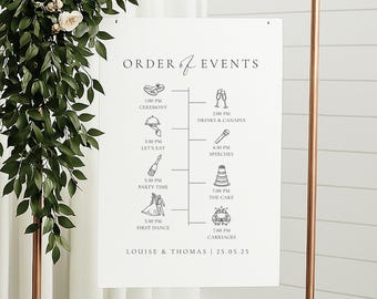 Letrero de orden de servicio, recepción de boda, orden de eventos, cronograma de boda, cronograma de itinerario de boda, letrero colgante, letrero de cinta, n.° AA5