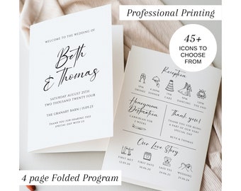 Tarjeta de programa de boda impresa, orden de la ceremonia de boda, impresión profesional, programa de itinerario de boda, tarjeta de lino de 300 g/m², n.° 100