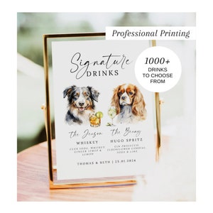 Letrero impreso de bebidas exclusivas para perros, menú de bar, bebidas para él y para ella, letrero de cóctel exclusivo, letrero de bebidas exclusivas para mascotas, bar de bodas, n.° 200
