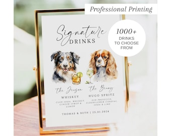 PRINTED Dog Signature Drinks Sign, Bar Menu, His and Hers Drinks, Signature Cocktail Sign, Pet Signature Drinks Sign, Wedding Bar, #200