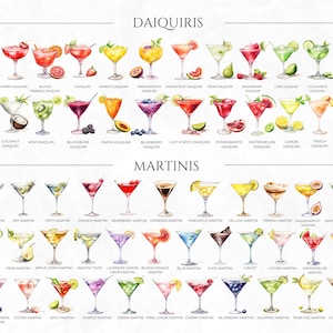 May include: A watercolor illustration of 40 different cocktails, including daiquiris and martinis. Each cocktail is depicted in a martini glass with a variety of fruits and garnishes. The names of each cocktail are listed below the image.