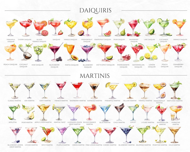 May include: A watercolor illustration of 40 different cocktails, including daiquiris and martinis. Each cocktail is depicted in a martini glass with a variety of fruits and garnishes. The names of each cocktail are listed below the image.