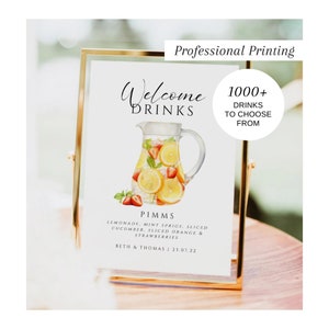 Panneau de boissons de bienvenue IMPRIMÉ, modèle de menu de bar, boissons pour elle et lui, panneau de cocktail signature, panneau de boissons signature, bar de mariage, #100