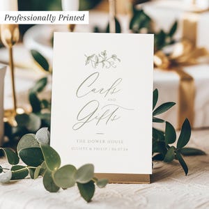 Cartes imprimées et panneau de cadeaux, panneau de table de mariage, panneau de mariage vert sauge, élégant, botanique, feuille délicate, carte en lin 300 g/m², verdelle