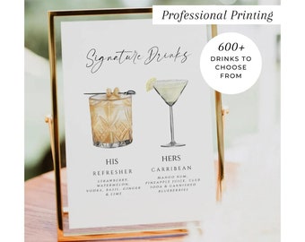 PRINTED Signature Drinks Sign, Bar Menu Template, His and Hers Drinks, Signature Cocktail Sign, Minimalist Drinks Sign, Wedding Bar, #200