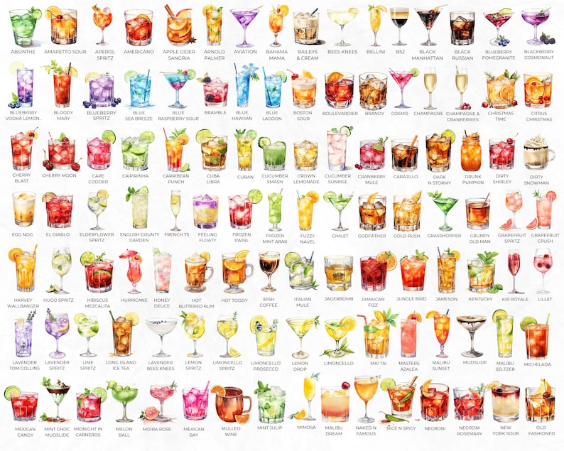 May include: A watercolor illustration of 100 different cocktails, each with its name written below. The cocktails are arranged in a grid pattern, with each cocktail in a separate glass. The cocktails are all different colors and have various garnishes.