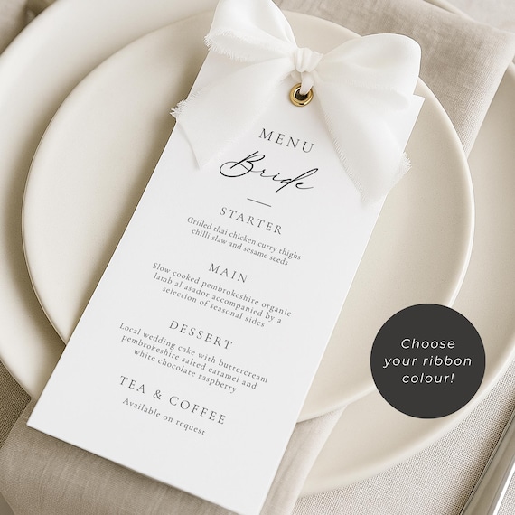 Ribbon Wedding Menu and Place Card, Let's Eat, Ribbon, Place Card, Professionally Printed, Wedding Dinner Menu, 300gsm Matte Card, #MN8