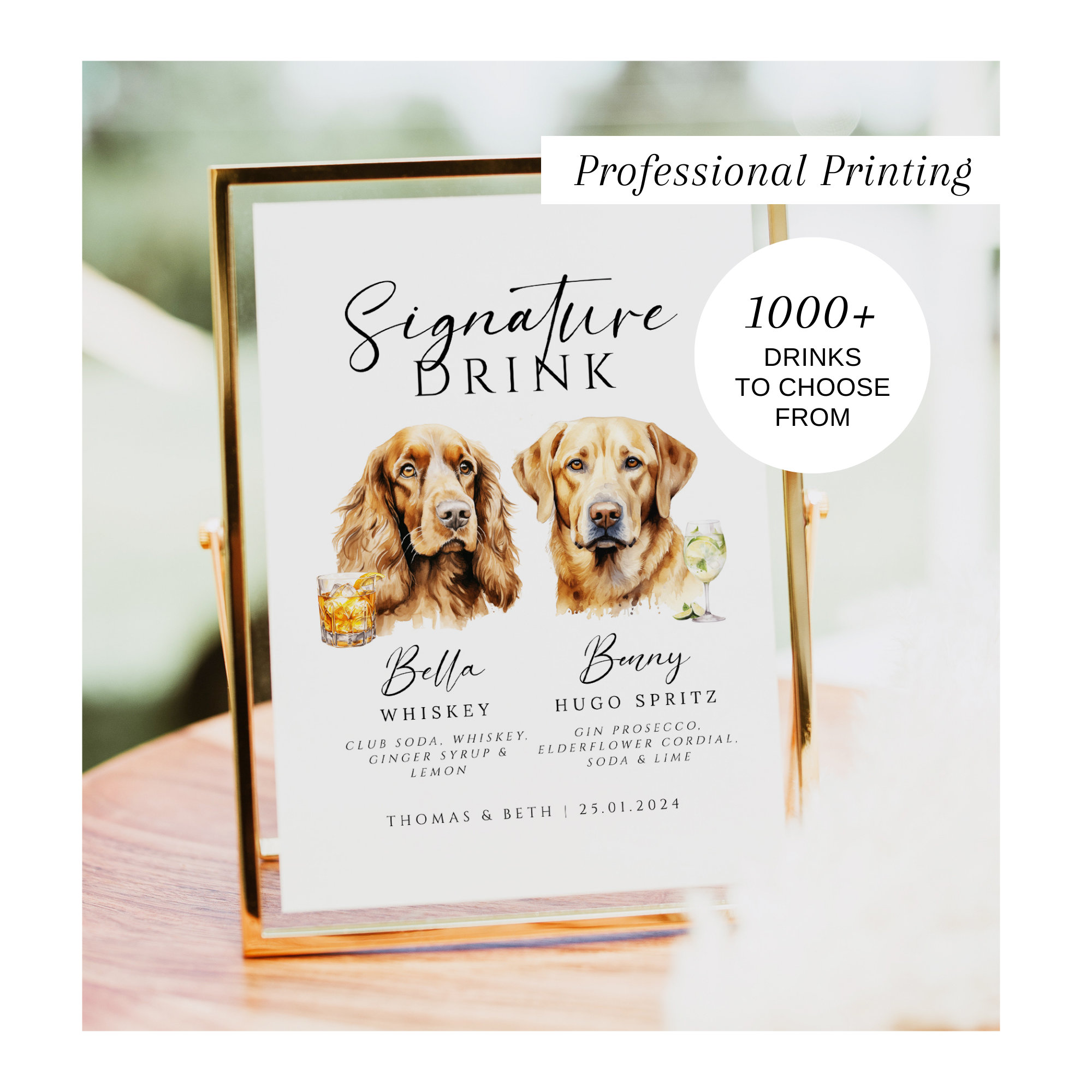 PRINTED Dog Signature Drinks Sign, Bar Menu, Pet His and Hers
