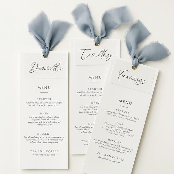 Ribbon Wedding Menu With Name Card, Let's Eat, Ribbon, Place Card, Professionally Printed, Wedding Dinner Menu, 300gsm Matte Card, #BB9