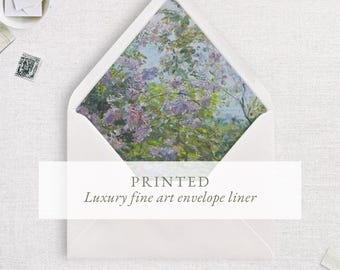 Forro de sobre estampado floral, inserto para sobre A7 de 5x7", diseño artístico, flores moradas, incluye sobre y opción de montaje.