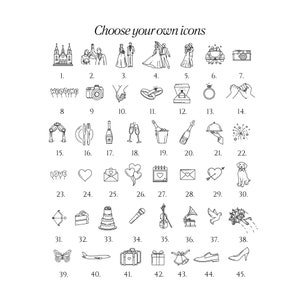 Puede incluir: Una colecci&oacute;n de iconos en blanco y negro, que incluyen ilustraciones tem&aacute;ticas de bodas como una iglesia, una pareja, anillos y una tarta. El texto "Choose your own icons" est&aacute; en la parte superior.
