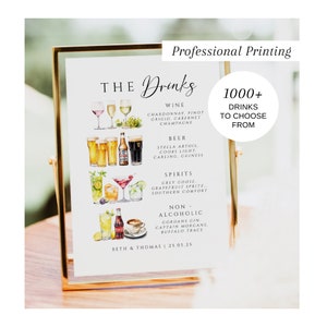 Panneau de menu de bar de mariage imprimé, boissons pour elle et lui, panneau de boissons signature, carte des boissons, panneau de boissons minimaliste, bar de mariage, #100
