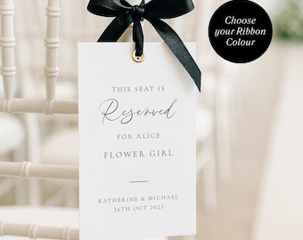 Etiqueta de asiento reservado para boda con cinta, Etiqueta de asiento reservado para ceremonia, Madre de la novia, Padre de la novia, Dama de honor, Cinta de lazo de satén, AA5