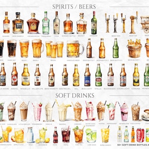 May include: A watercolor illustration of various alcoholic beverages, including spirits, beers, and soft drinks. The illustration includes bottles, cans, glasses, and other containers. The image is labeled with the names of each beverage.