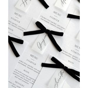 Menus et marque-place de mariage avec ruban imprimé, Allons manger, menu avec noeud noir velours, carte de lieu de mariage, menu de dîner de mariage, carte 300 g/m², TTK