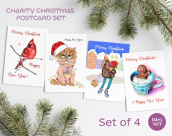 Charity Christmas card set, printable postcards, digital card, Funny Christmas greeting, Help Ukraine set, set of 4 cards