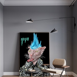 Impresión artística en giclée de un gato esfinge de moda y de tendencia, retrato de mascota dibujado a mano, póster de moda, decoración de pared interior contemporánea, arte ucraniano