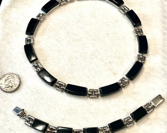 Taxco Heavy 950 silver black onyx Necklace and Bracelet set.