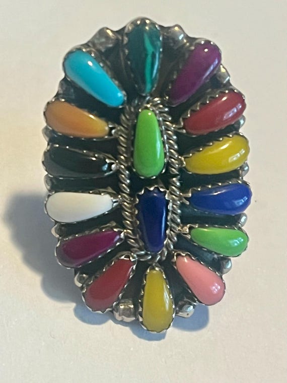 Native American signed Multi Gemstone Sterling Ro… - image 1