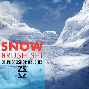 May include: A set of 31 Photoshop brushes for creating snow effects. The image shows a snowy mountain landscape with a blue sky and white clouds. The text "SNOW BRUSH SET 31 PHOTOSHOP BRUSHES" is displayed in red and white on a blue background.