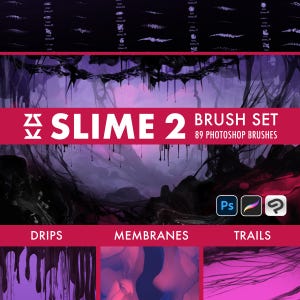 Puede incluir: Un conjunto de pinceles digitales para Photoshop llamado "Slime 2" con 89 pinceles. El conjunto incluye tres categorías: Gotas, Membranas y Rastros. La imagen muestra ejemplos de cada categoría.