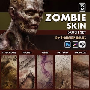 Może przedstawiać: Zestaw pędzli cyfrowych "Zombie Skin" do Photoshopa, z ponad 100 pędzlami. Obraz przedstawia twarz zombie i przykłady efektów pędzla: infekcje, szwy, żyły, suchą skórę i zmarszczki.